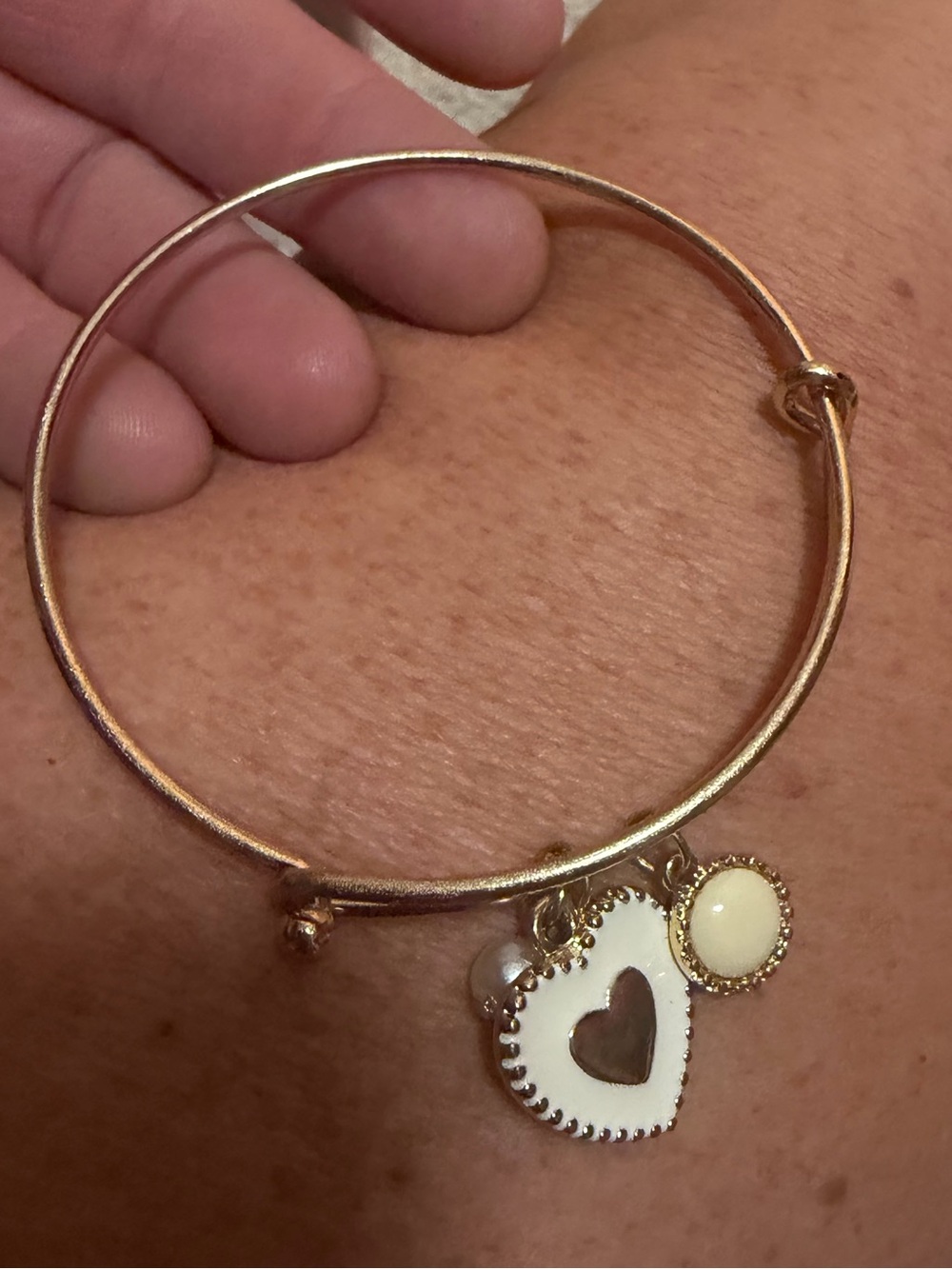 Rose Gold Tone Heart Charm Bangle Bracelet with Cream Accents